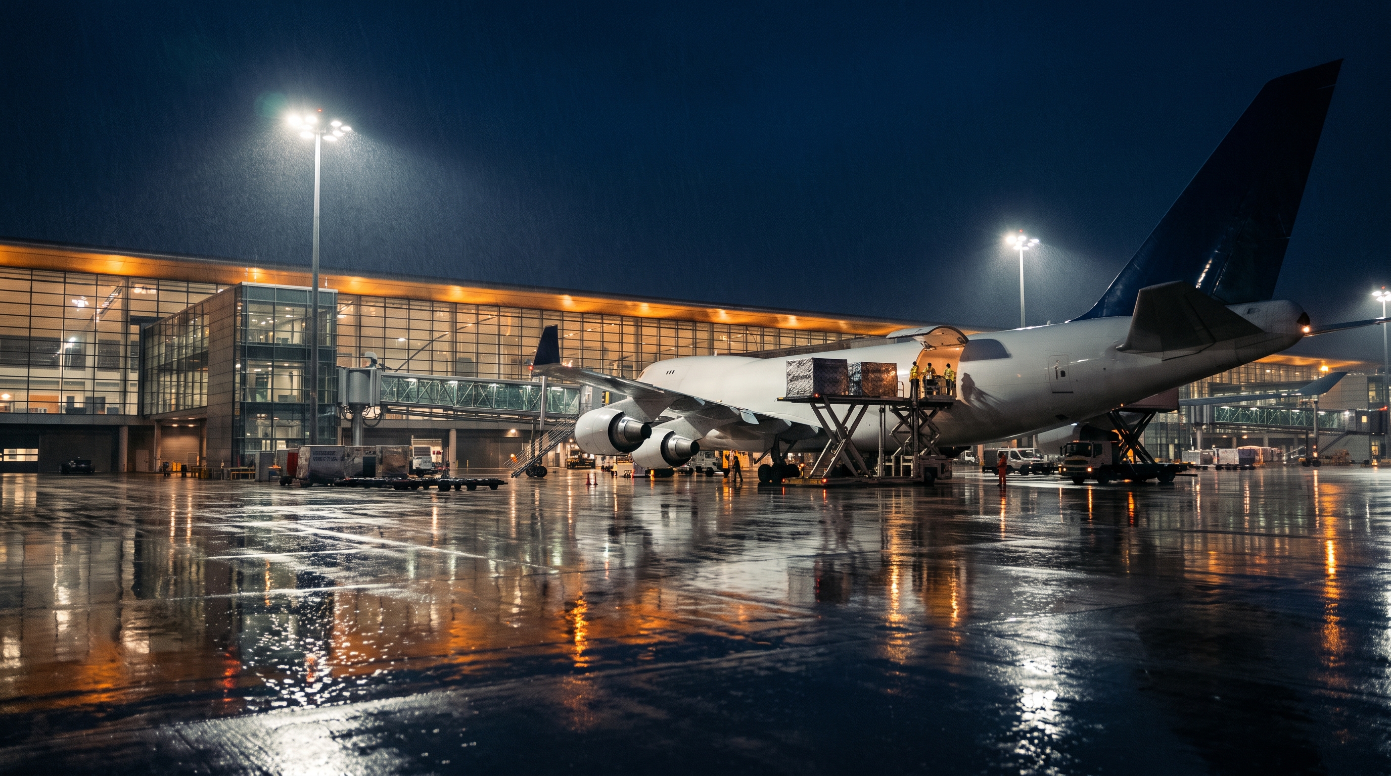 Airport cargo terminal at night