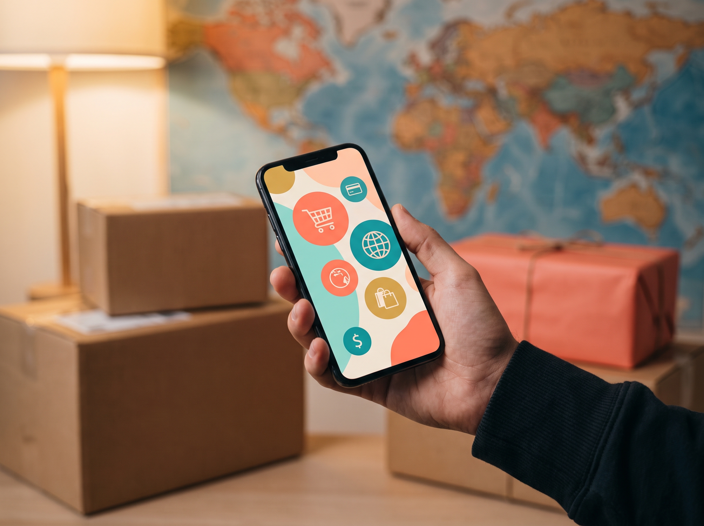 A hand holds a smartphone showing an e-commerce app