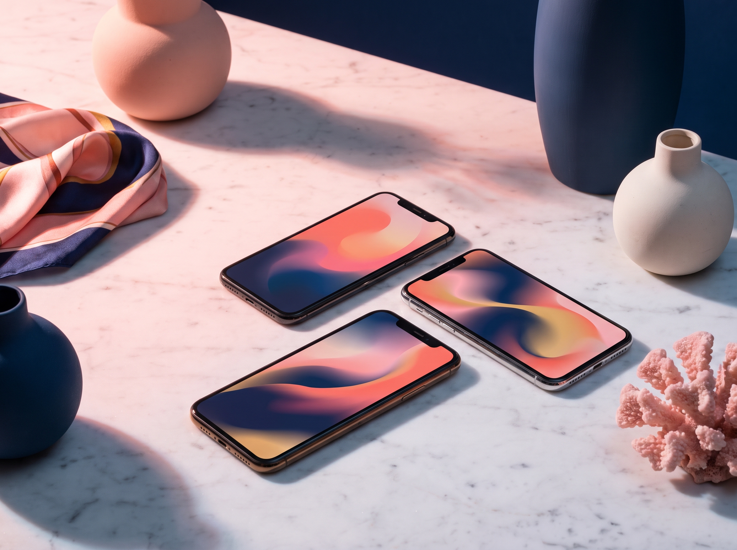 Three smartphones showing app dashboards
