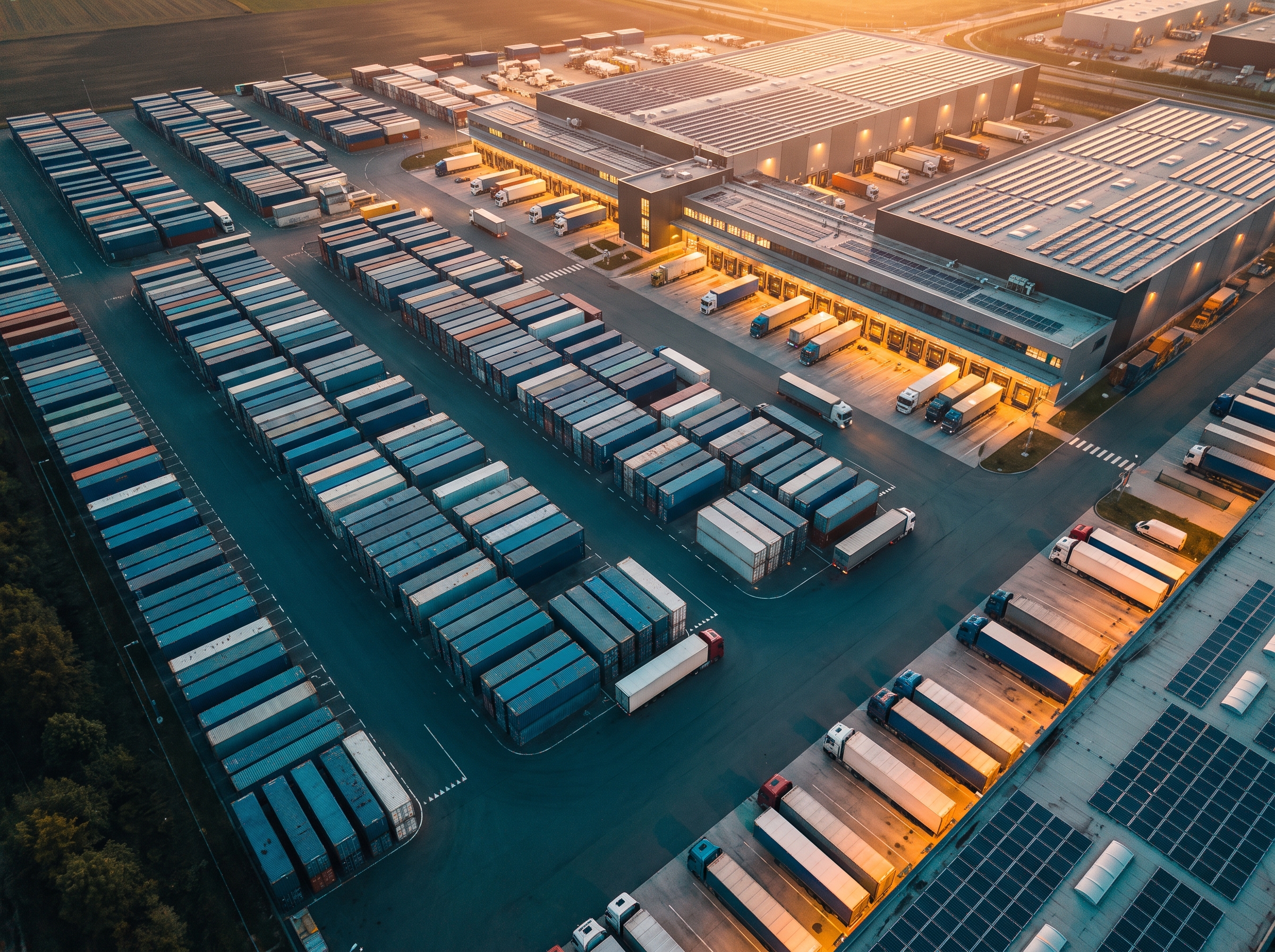 Aerial photograph of a modern logistics hub at golden hour