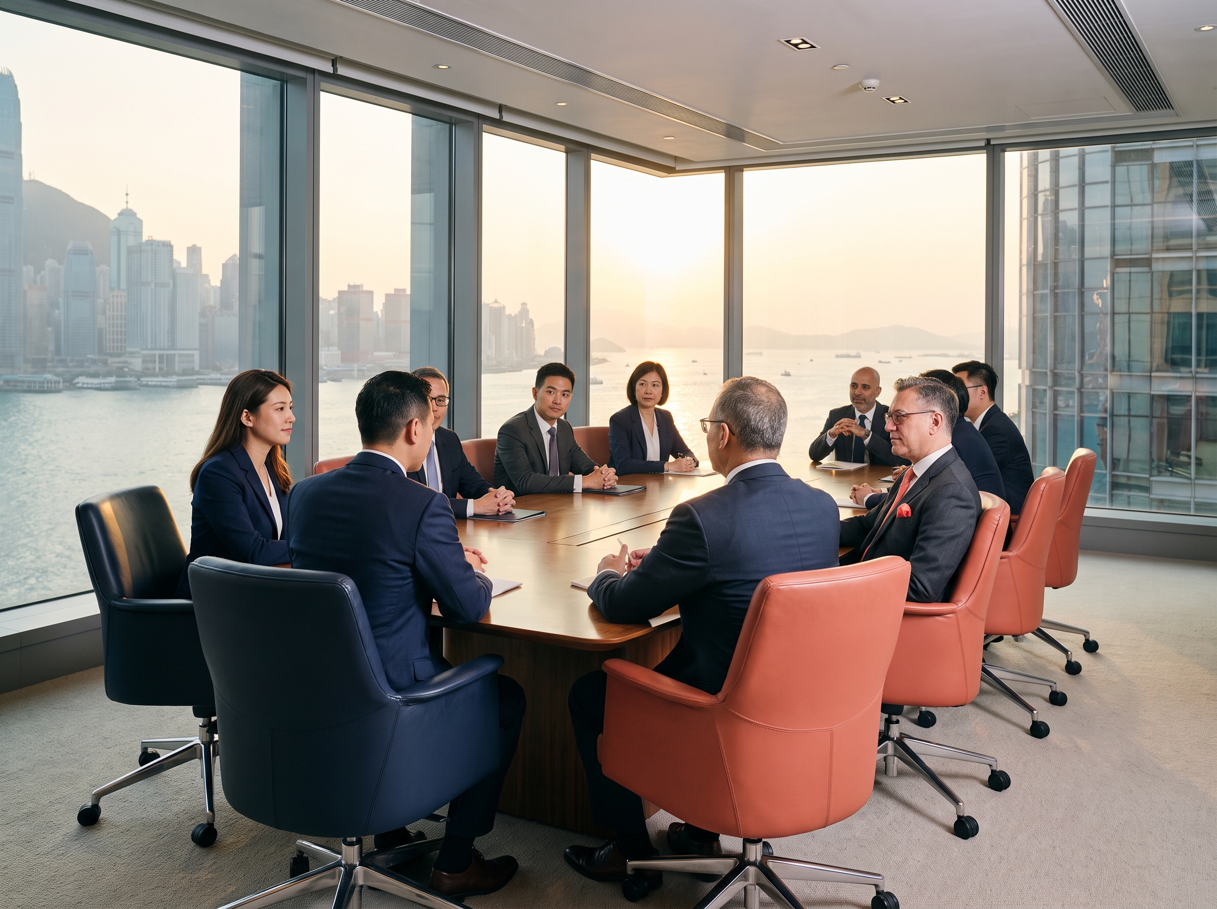 A diverse team in a modern glass conference room